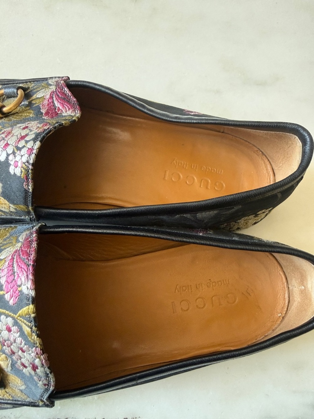 Gucci Black Loafers with Gold Horsebit and Pink Floral Embroidery - Picture 3 of 5